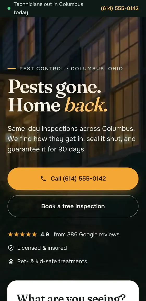 A sample pest control website on a phone: the business and area, a call button, reviews and credentials