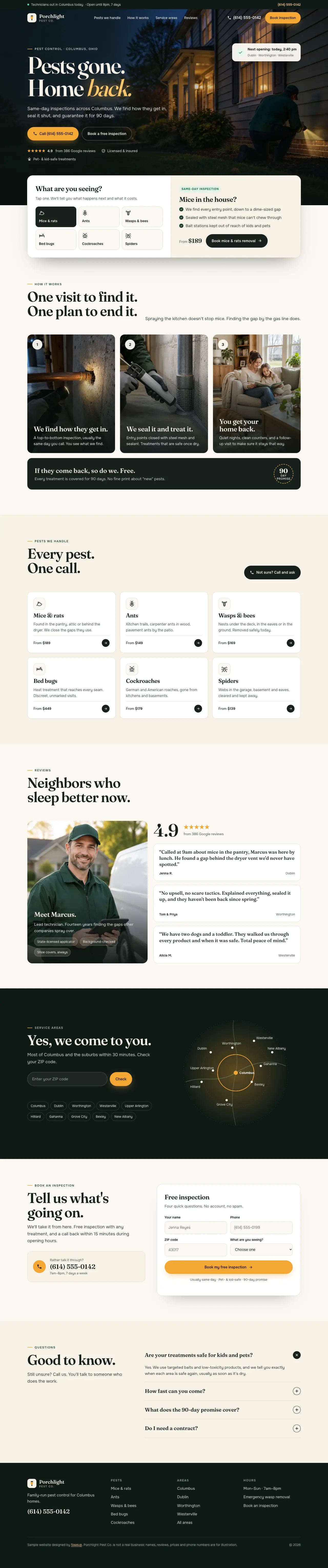 Porchlight Pest Co. homepage on desktop