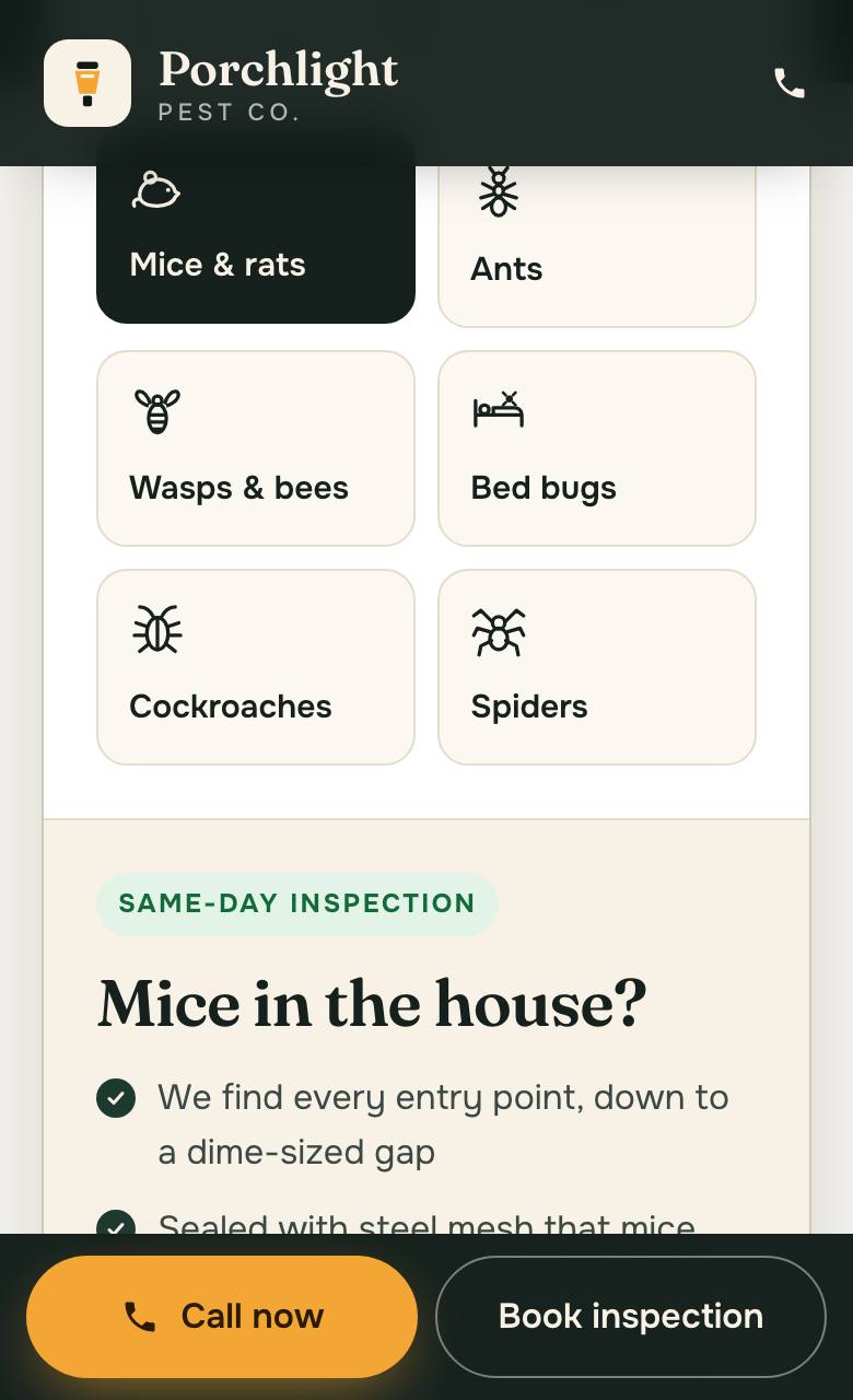 The Porchlight website on a phone: a grid of pests to tap, with the answer for mice open below it