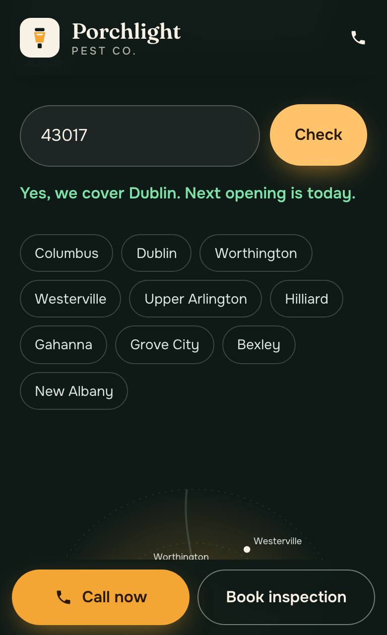The Porchlight website on a phone: a ZIP code check answering yes, we cover Dublin