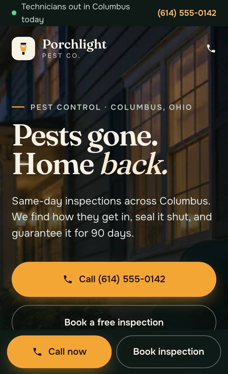 The Porchlight website on a phone: the first screen with a call button and a call bar along the bottom
