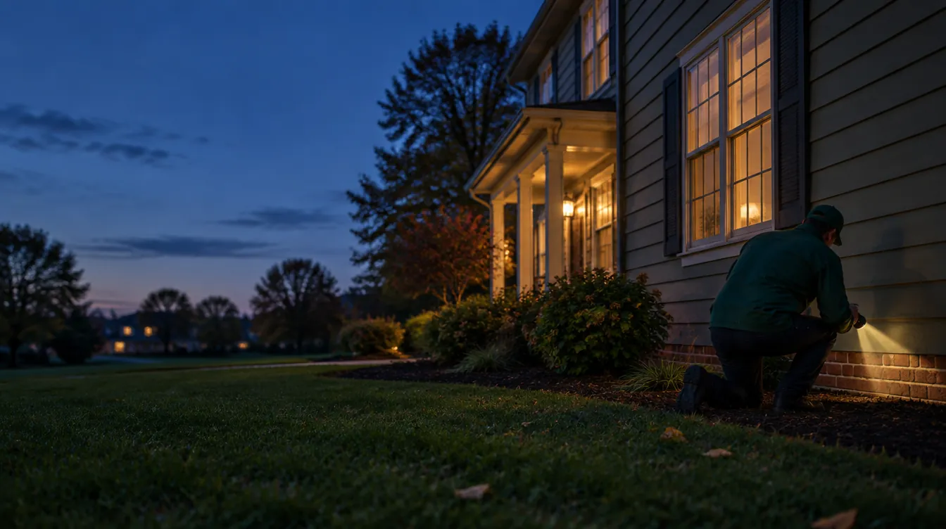 A Porchlight technician checking the foundation of a family home at dusk with a flashlight