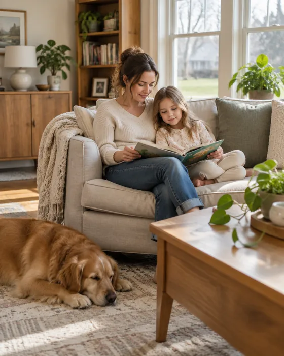 Mother and daughter reading on the sofa with their dog asleep nearby