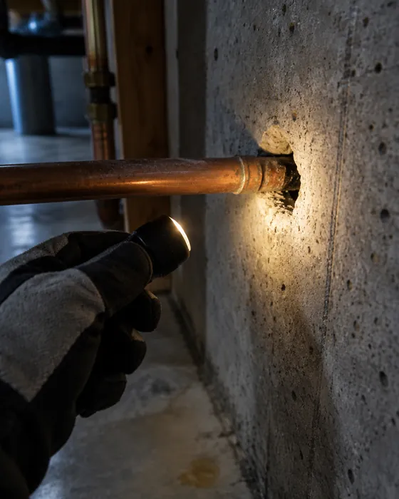 Flashlight revealing a gap around a pipe in a basement wall