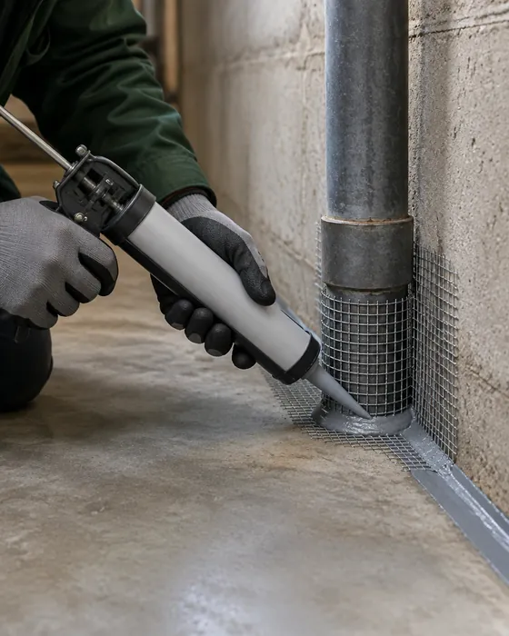 Technician sealing a gap around a pipe with steel mesh