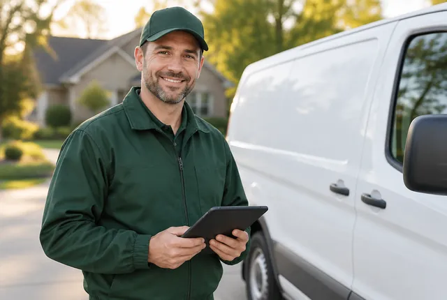 Marcus, Porchlight lead technician, standing by the service van